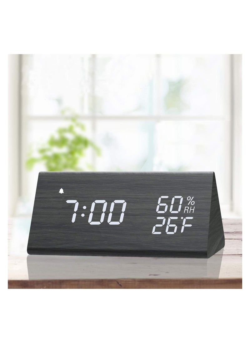 Jall - Digital Alarm Clock, with Wooden Electronic LED Time Display, 3 Alarm Settings, Humidity & Temperature Detect, Wood Made Electric Clocks for Bedroom, Bedside, Black - Image 1