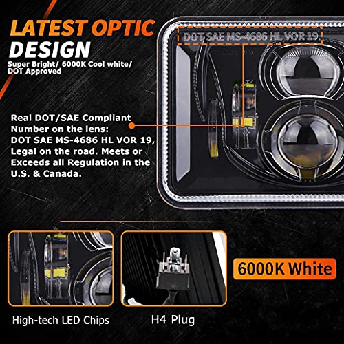 Z-OFFROAD 4pcs 60W 4x6 Inch LED Headlights DOT Approved Rectangular H4651 H4652 H4656 H4666 H6545 Headlight Replacement Compatible with KW Freightliner Peterbilt Oldsmobile Cutlass – Black - Image 2