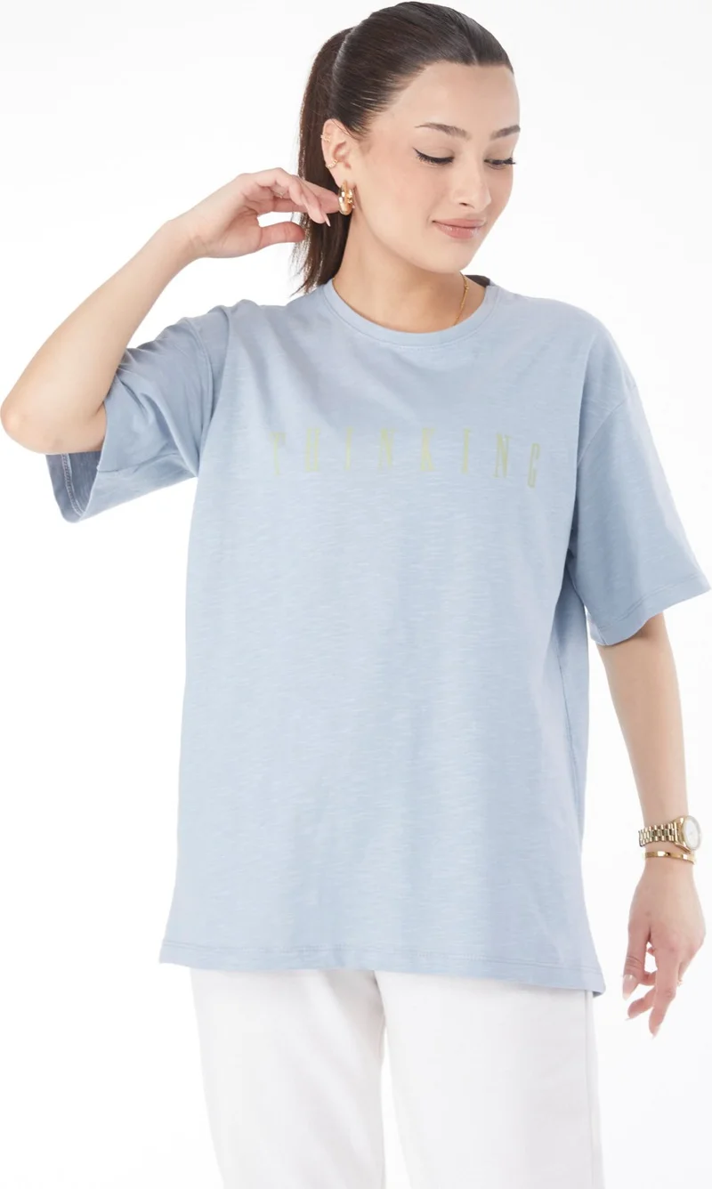Tofisa 24634-Baby-Blue Crew Neck Short Sleeve Printed T-Shirt