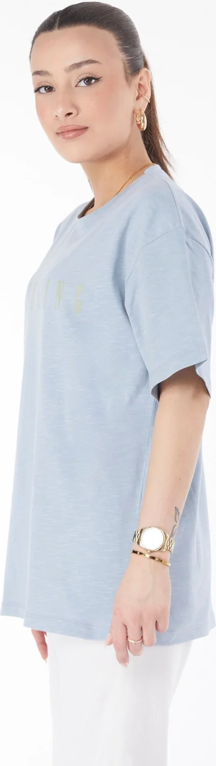 Tofisa 24634-Baby-Blue Crew Neck Short Sleeve Printed T-Shirt