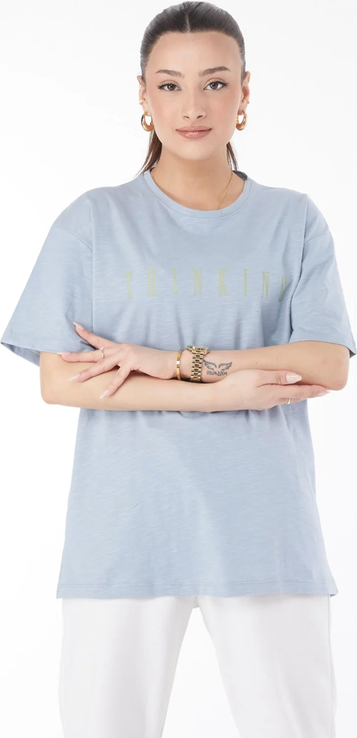 Tofisa 24634-Baby-Blue Crew Neck Short Sleeve Printed T-Shirt