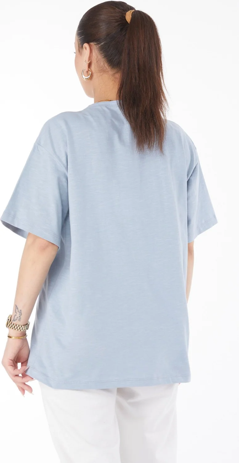 Tofisa 24634-Baby-Blue Crew Neck Short Sleeve Printed T-Shirt