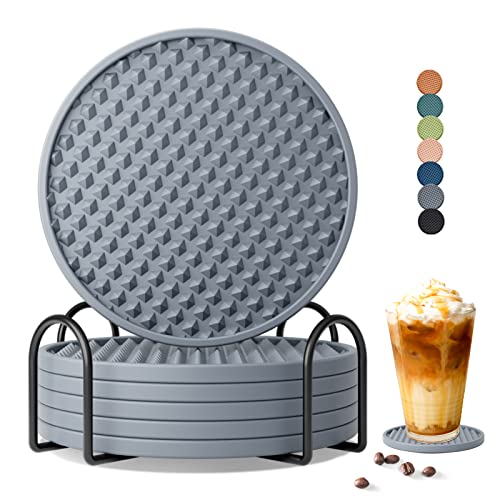 Coga Drink Coasters Set of 6 with Holder, Silicone Coasters Tabletop Protection for Any Table Type, Wood, Stone Tables, Dishwasher Safe, Coasters for Drinks Fits Any Size of Drinking Glasses (Grey) - Image 1