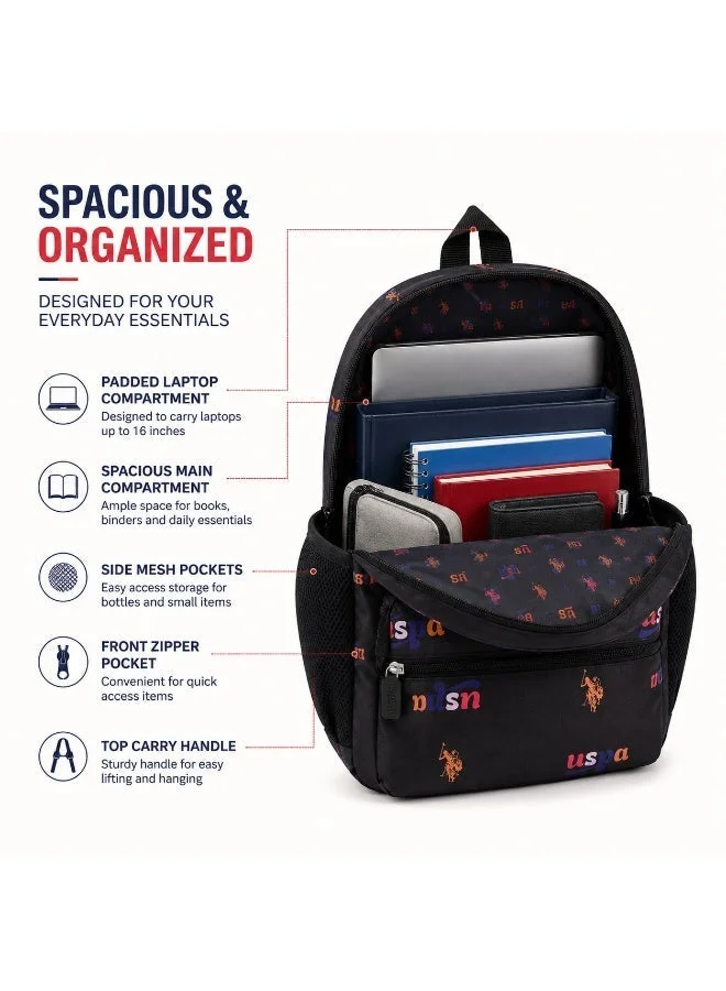 U.S. Polo Assn. U.S. Polo Assn. Classic Black Mini Logo Pattern Backpack for School and Office MultiCompartment Bag for Campus