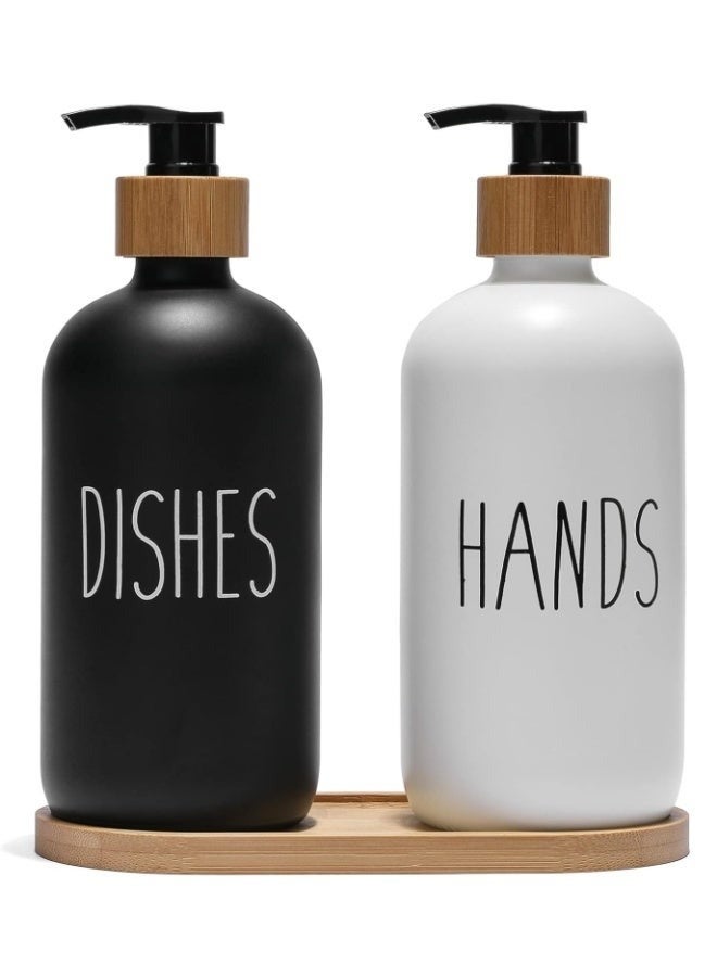 Happy Home 2 Pieces Hand Wash Soap Dispenser for Bathroom and Kitchen Hand Wash Shower Gel Pump Soap Dispenser Pump with Bamboo Wood Base for Hand Washing for Kitchen and Bathroom Sink - 2 Pieces - White and Black (White/Black/Bamboo Black) - Image 1