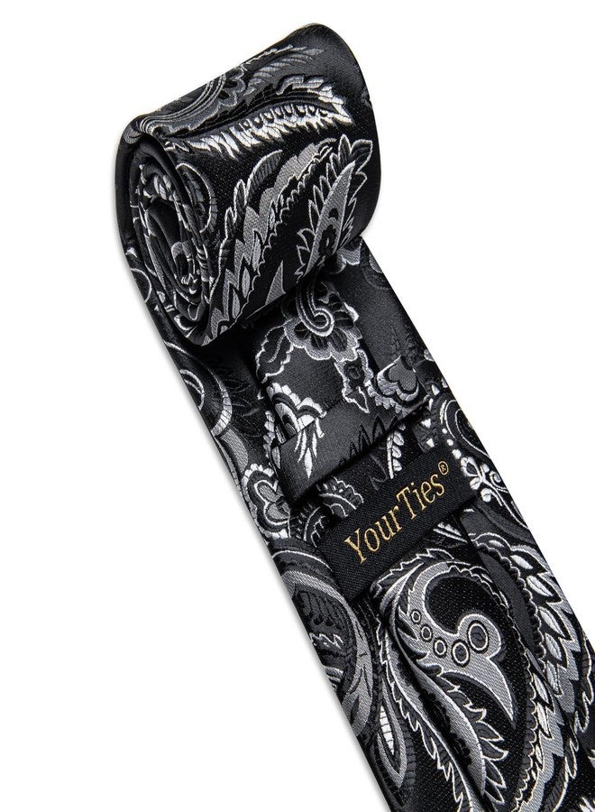 YourTies Mens Paisley Tie Woven Silk Black Tie with Pocket Square Set Formal Party Business Necktie - Image 4