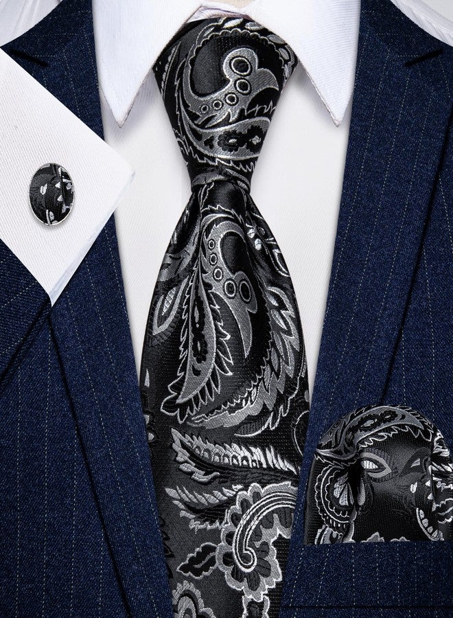 YourTies Mens Paisley Tie Woven Silk Black Tie with Pocket Square Set Formal Party Business Necktie - Image 3