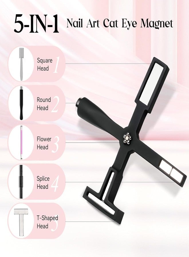 Qutipek 5 in 1 Cat Eye Magnet For Nail Art Tool Nail Magnet Tool For Nail Designs Multi-Function Magnet Stick for Cat Eye Effect For Salon Home DIY - Black - Image 2