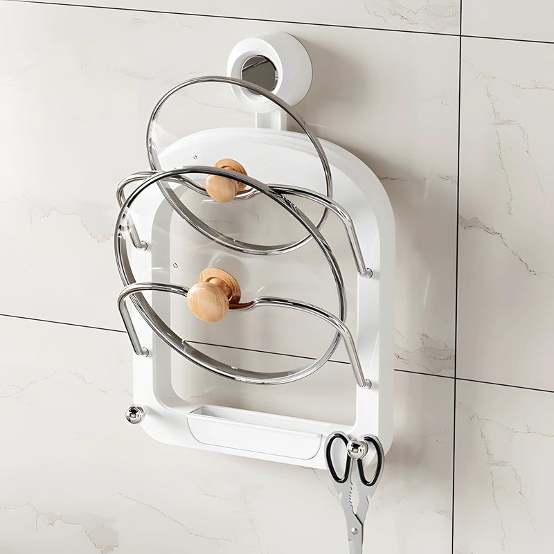 2-Tier Pot Lid Organizer with Wall-Mounted Suction Hook, Space-Saving Cooking Utensil Storage, White - Image 5