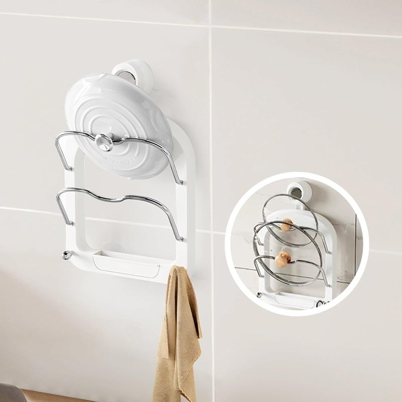 2-Tier Pot Lid Organizer with Wall-Mounted Suction Hook, Space-Saving Cooking Utensil Storage, White - Image 3
