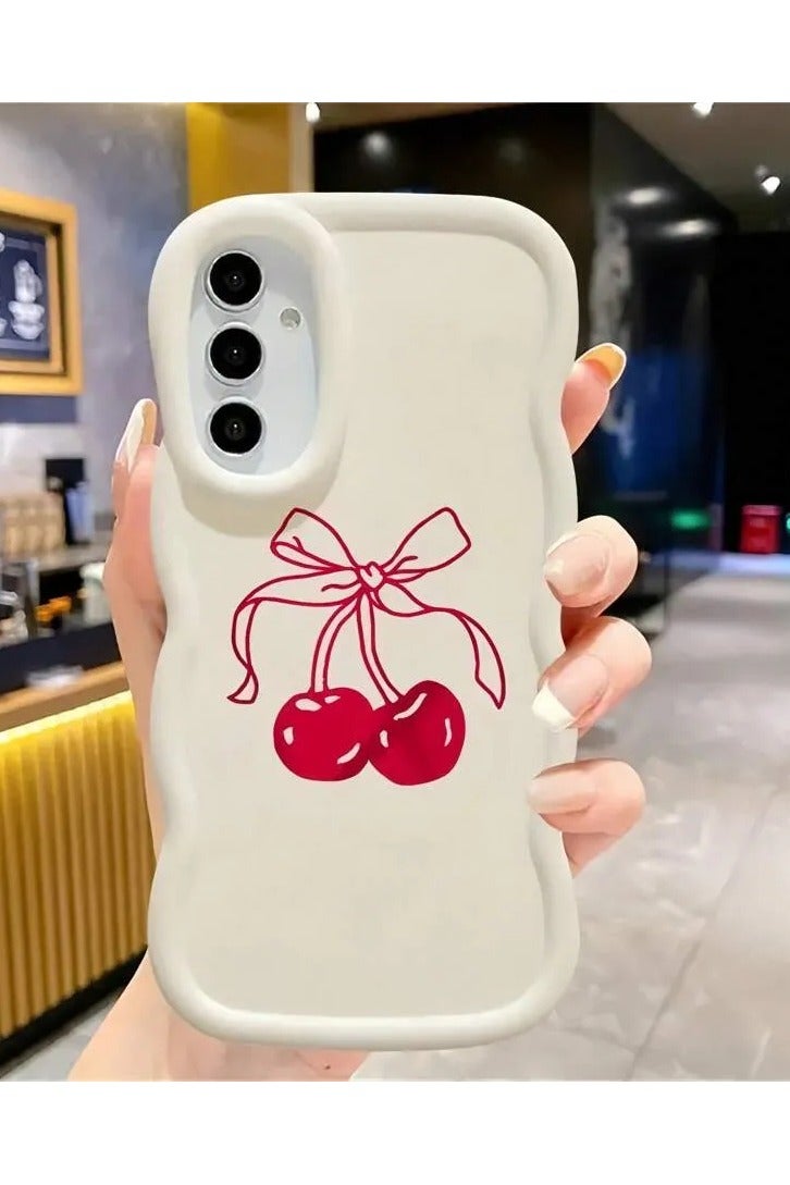 شي إن قطعة واحدة من حافظة هاتف باللون الابيض التي تحتوي على رسمة الكرز باللون الاحمر مناسبة لهاتف سامسونج s24