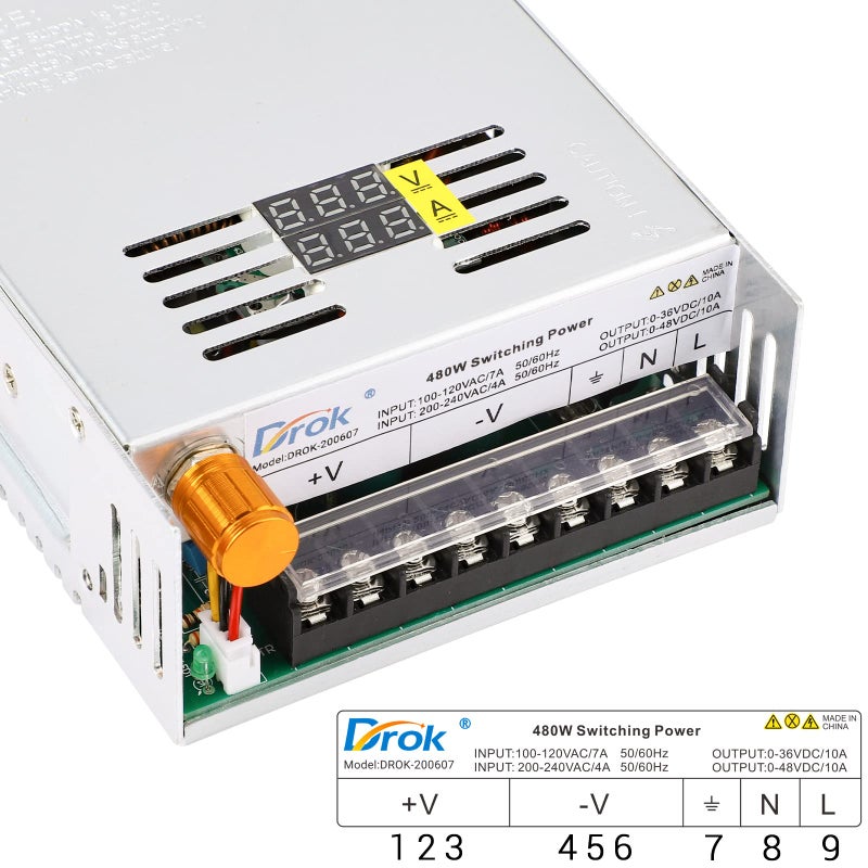 DROK 48V Power Supply, AC 110V/220V to DC 0-48V 10A 480W Buck Converter Dual Display, Variable Adjustable Transformer Regulated 5V 12V 24V 30V 36V 48V Volt Switching Voltage Adaptor 10A Amp Charger - Image 3