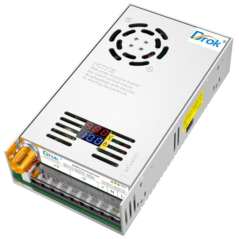 DROK 48V Power Supply, AC 110V/220V to DC 0-48V 10A 480W Buck Converter Dual Display, Variable Adjustable Transformer Regulated 5V 12V 24V 30V 36V 48V Volt Switching Voltage Adaptor 10A Amp Charger - Image 1