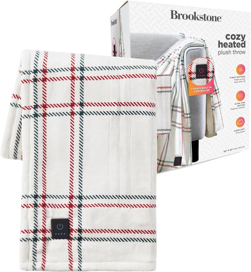 Brookstone Heated Throw Blanket - Heat Blankets Electric - Faux Fur Heated Throw Blanket- 4 Heat Settings, 4-Hour Auto Shut Off, 100% Polyester, 50"x60" - Holiday Ivory Windowpane - Image 1