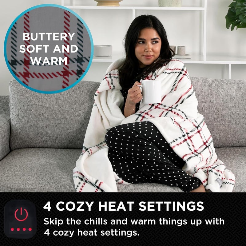 Brookstone Heated Throw Blanket - Heat Blankets Electric - Faux Fur Heated Throw Blanket- 4 Heat Settings, 4-Hour Auto Shut Off, 100% Polyester, 50"x60" - Holiday Ivory Windowpane - Image 2