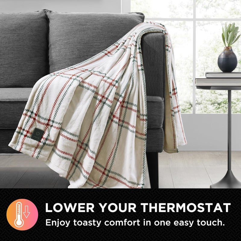 Brookstone Heated Throw Blanket - Heat Blankets Electric - Faux Fur Heated Throw Blanket- 4 Heat Settings, 4-Hour Auto Shut Off, 100% Polyester, 50"x60" - Holiday Ivory Windowpane - Image 4