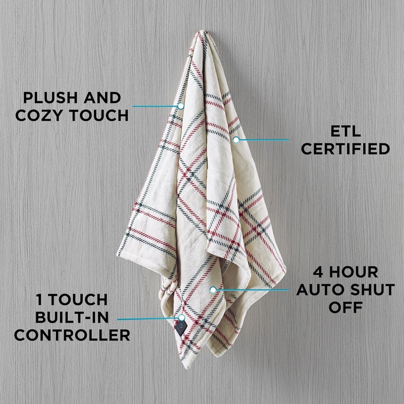 Brookstone Heated Throw Blanket - Heat Blankets Electric - Faux Fur Heated Throw Blanket- 4 Heat Settings, 4-Hour Auto Shut Off, 100% Polyester, 50"x60" - Holiday Ivory Windowpane - Image 3