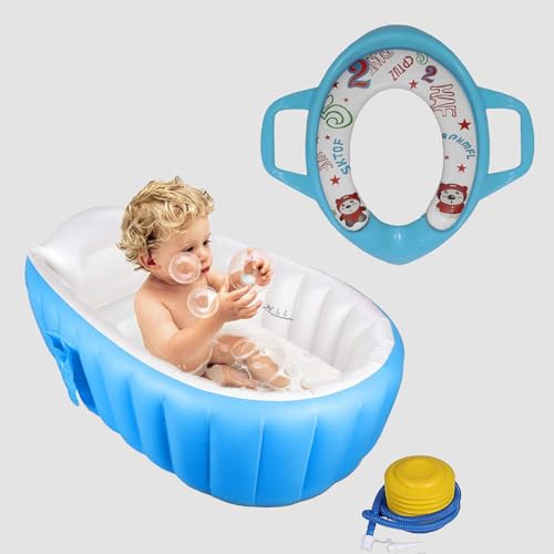 Safe-O-Kid® Aquaspa Baby Bath Tub with Soft Cushioned Potty Seat, European Safety Standard Inflatable Bathtub with Air Pump and Elegant Colorful Box for Extra Safety- Blue - Image 1