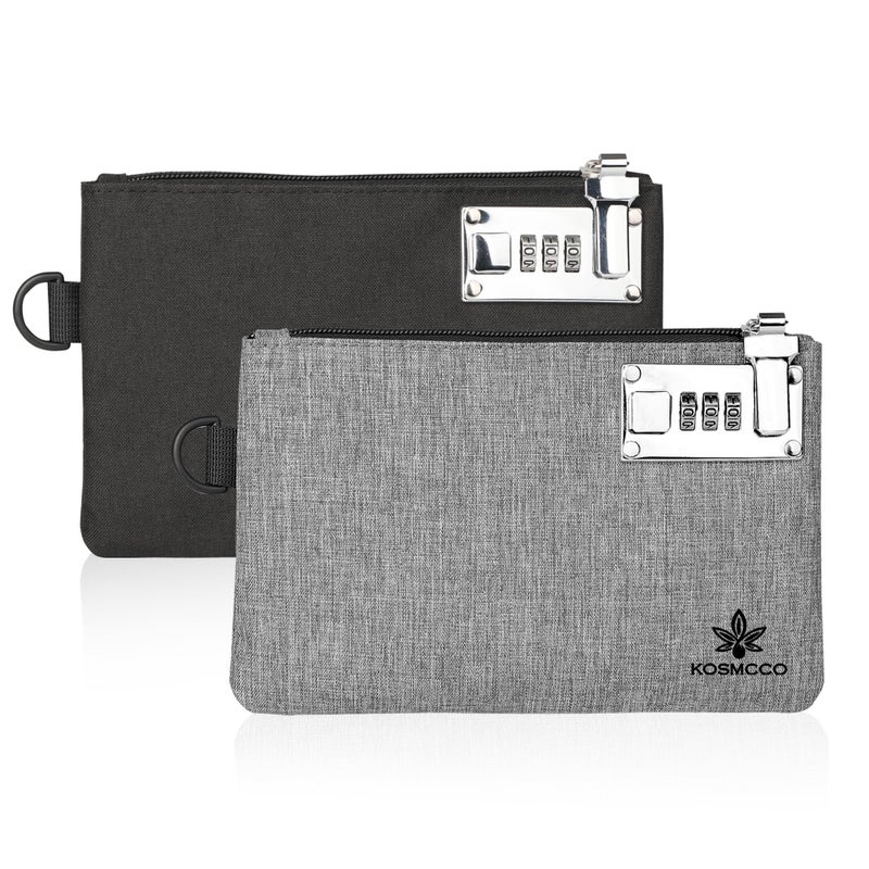 KOSMCCO 2Pcs Lockable Money Bag - 5x8 Inches Durable Nylon Locking Bank Bag Coin Purse for Cash, Jewelry, Passports, Medicine, Credit Cards and Valuable Storage Cash Pouch (Black & Grey) - Image 1
