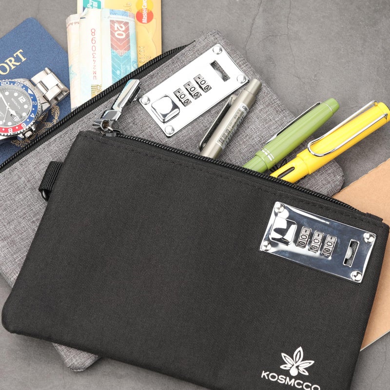 KOSMCCO 2Pcs Lockable Money Bag - 5x8 Inches Durable Nylon Locking Bank Bag Coin Purse for Cash, Jewelry, Passports, Medicine, Credit Cards and Valuable Storage Cash Pouch (Black & Grey) - Image 3