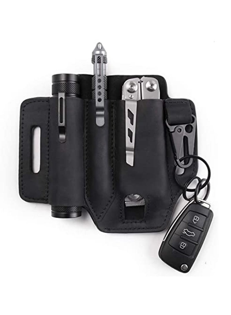 SYOSI Multitool Sheath for Belt, Leather EDC Pocket Organizer for Men, Leather Man Sheath with Pen Holder, Key Fob Flashlight Sheath Flashlight Multitool Knives Pen EDC Leather Pouch Black - Image 1