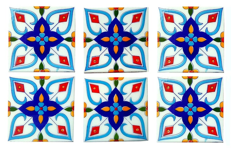Shiv Kripa Blue Pottery SHIV KRIPA Blue Pottery Floral Decorative Mosaic Wall Tiles 4 x 4 Inch Set of 6 Tiles 