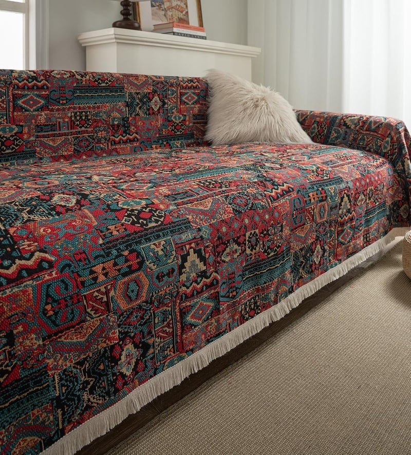 Retro Jacquard Sofa Cover - Cat-Proof & Anti-Scratch Couch Protector Slipcover with Tassels | Universal Fit for 1 2 3 4 Seater L U Sofas | Bohemian Style Sofa Throw (Brown, 180 * 460cm) - Image 3