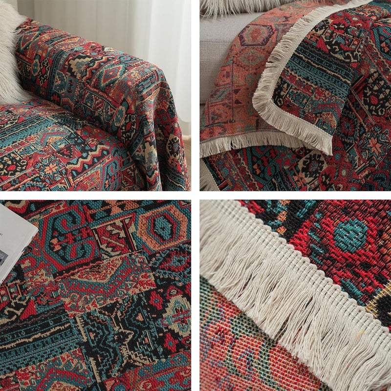 Retro Jacquard Sofa Cover - Cat-Proof & Anti-Scratch Couch Protector Slipcover with Tassels | Universal Fit for 1 2 3 4 Seater L U Sofas | Bohemian Style Sofa Throw (Brown, 180 * 460cm) - Image 5