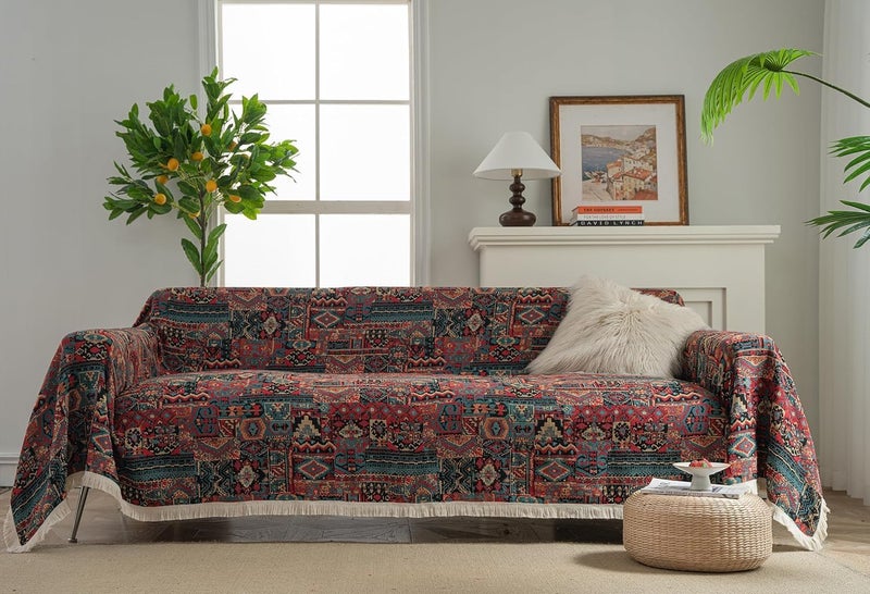 Retro Jacquard Sofa Cover - Cat-Proof & Anti-Scratch Couch Protector Slipcover with Tassels | Universal Fit for 1 2 3 4 Seater L U Sofas | Bohemian Style Sofa Throw (Brown, 180 * 460cm) - Image 1