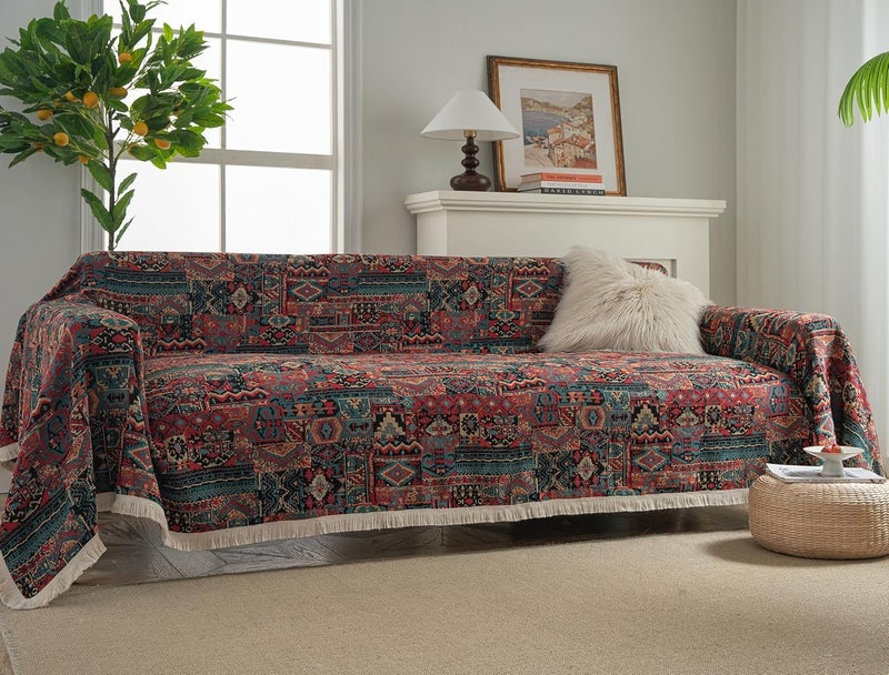 Retro Jacquard Sofa Cover - Cat-Proof & Anti-Scratch Couch Protector Slipcover with Tassels | Universal Fit for 1 2 3 4 Seater L U Sofas | Bohemian Style Sofa Throw (Brown, 180 * 460cm) - Image 2