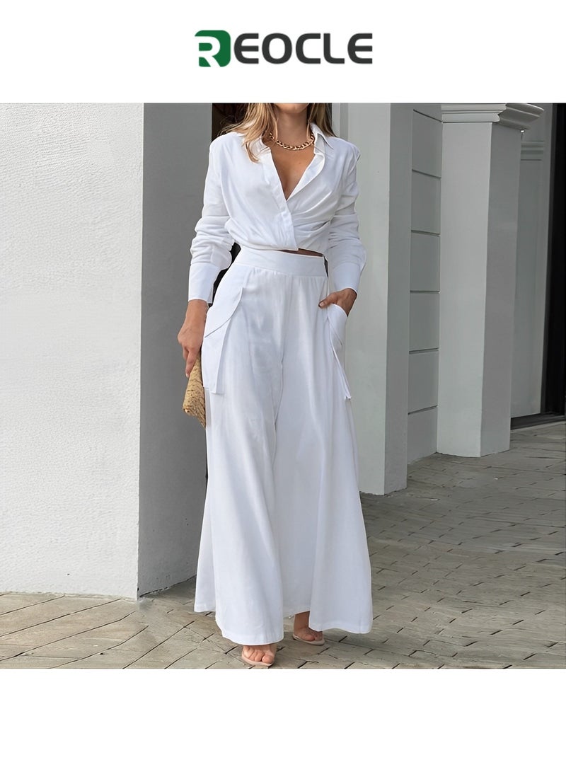 REOCLE Spring and Autumn Women's Casual Two-piece Solid Color Temperament Commuting Loose Pocket Fashion Casual Suit Slim Waist - Image 2