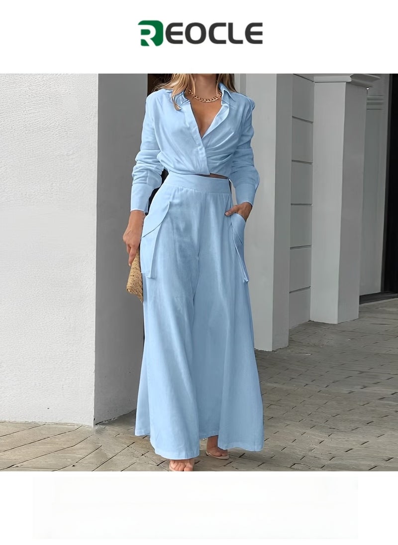 REOCLE Spring and Autumn Women's Casual Two-piece Solid Color Temperament Commuting Loose Pocket Fashion Casual Suit Slim Waist - Image 1