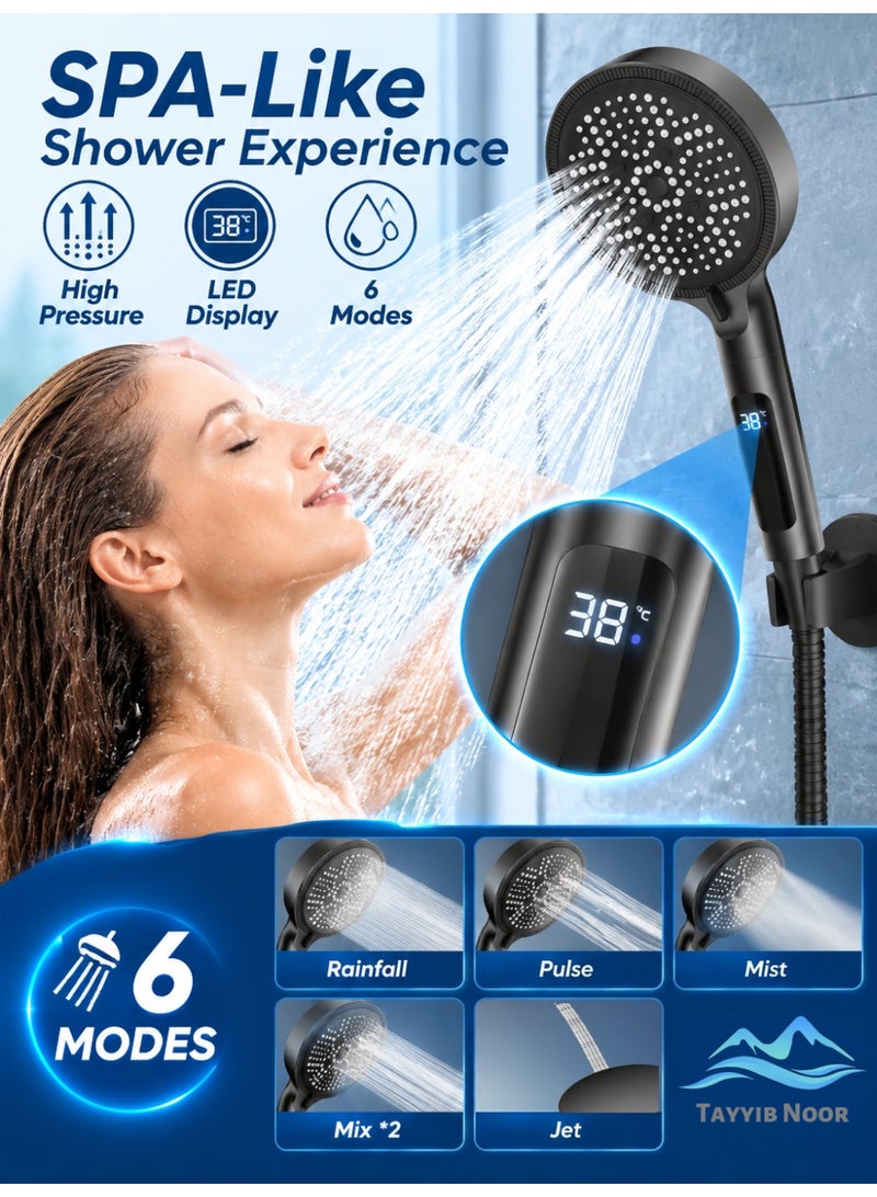 TAYYIB NOOR Shower Head with LED Temperature Display, High Pressure Handheld Showerhead 6 Modes with Filter, 135mm Large Panel - Image 1