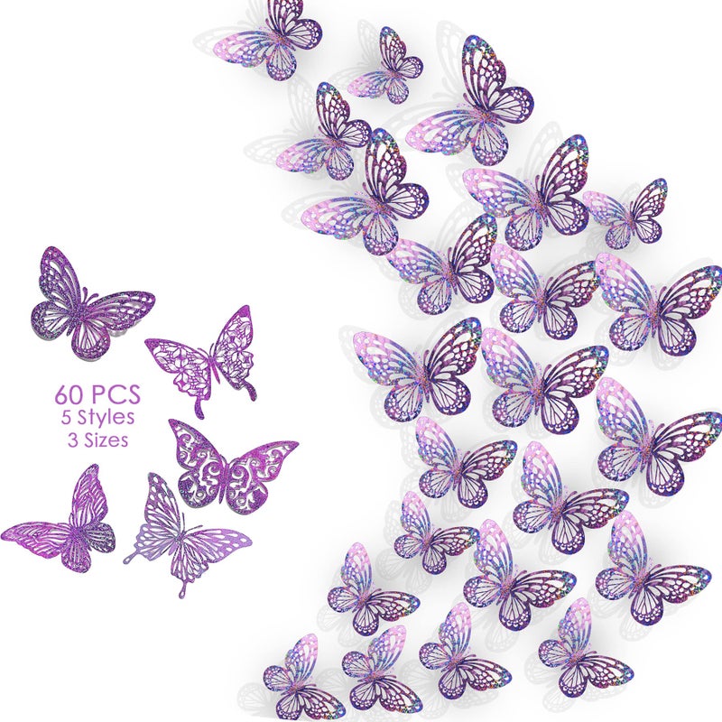 Formano Formano 3D Butterfly Wall Decor 60 Pcs 5 Styles 3 Sizes Genuine Glittering Sequin Design Sparkling Rainbow Shinny Butterfly Decorations with Traceless Stickers Purple 