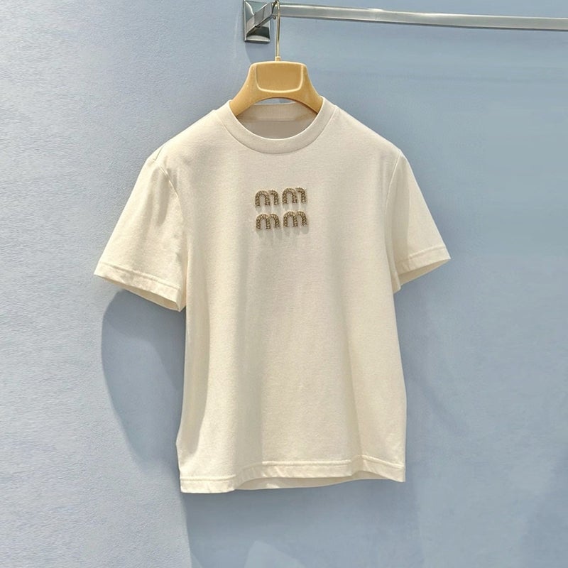 Miu Wind 2025 Early Spring Jacket Crystal Heavy Handmade Letter Nail Diamond Nail Bead Sweet Girl Yellow Short Sleeve T-Shirt Off-white