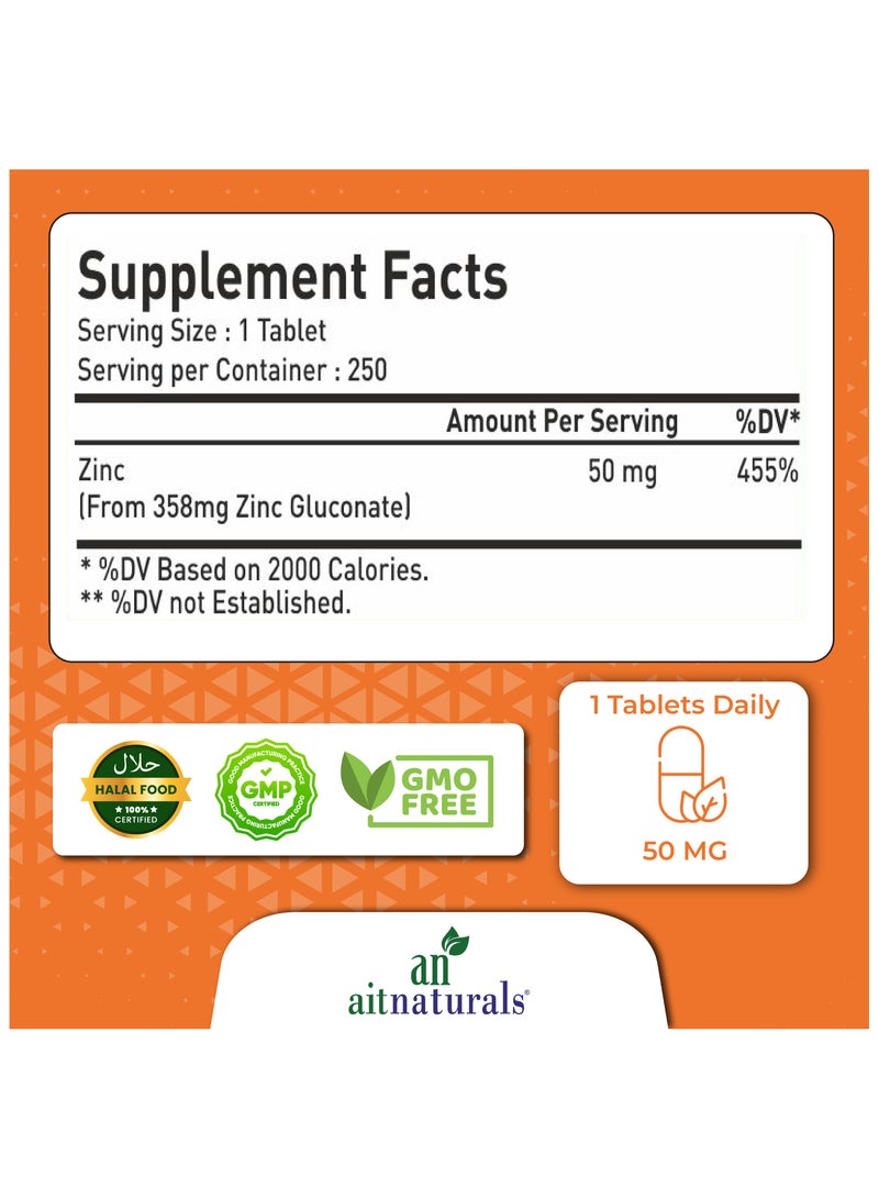 Zinc 50 mg, Supports Immune Function, Antioxidant Health - 250 Tablets - view 2