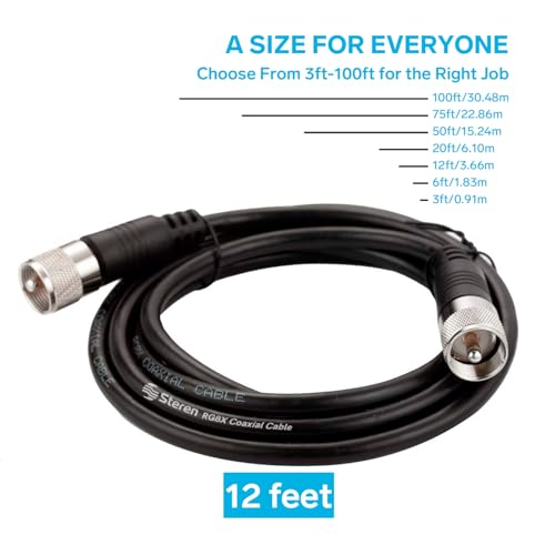 STEREN RG8X Coaxial Cable 12 ft, CB Coax Cable with PL259 UHF Connectors, Male to Male Low Loss 50 Ohm for HAM Radio, LMR400, Antenna Analyzer - Image 3