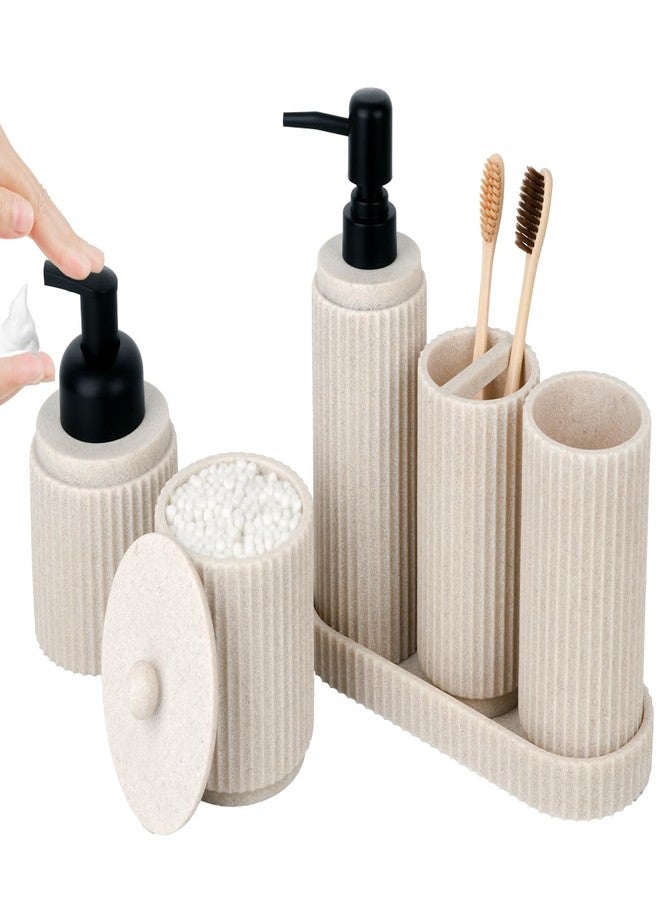 Deobath Beige Bathroom Accessory Set - 6 Pcs: Toothbrush Holder, Lotion & Foaming Soap Dispensers, Qtip Holder, Vanity Tray, Bathroom Tumbler - Countertop Organizer - Image 1