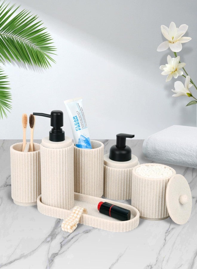 Deobath Beige Bathroom Accessory Set - 6 Pcs: Toothbrush Holder, Lotion & Foaming Soap Dispensers, Qtip Holder, Vanity Tray, Bathroom Tumbler - Countertop Organizer - Image 5