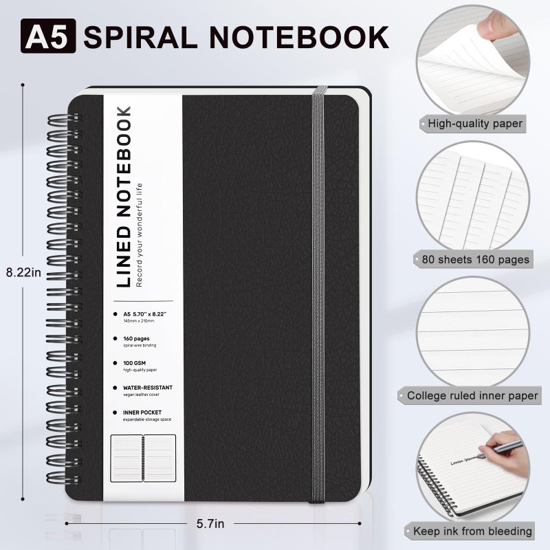 LACCHOUFEE Lined Spiral Journal Notebook, A5 Hardcover Leather Notebook for Work, 5.7''Ã—8.2'', 100GSM Thick Paper Spiral Bound Journaling Notebooks for Women & Men Office School Note Taking Business, Black - Image 2