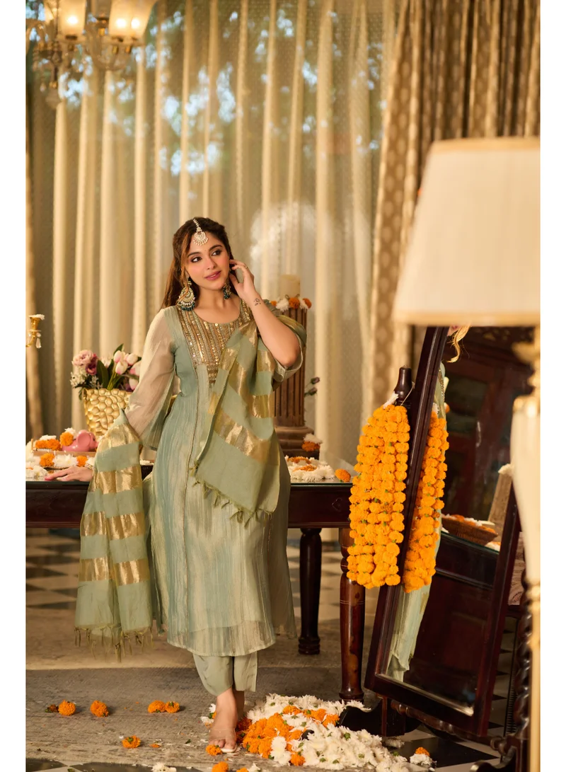 Priya’s Panache  Premium Green Crush Shimmer 3-Piece Suit Set for Women with Handwork Embellished Neckline & Chanderi Dupatta | A-Line Kurta with 3/4 Sleeves & Shantoon Pants | Indian Ethnic Wear | Salwar Suit | Festive & Wedding Wear for Women | Best Price UAE