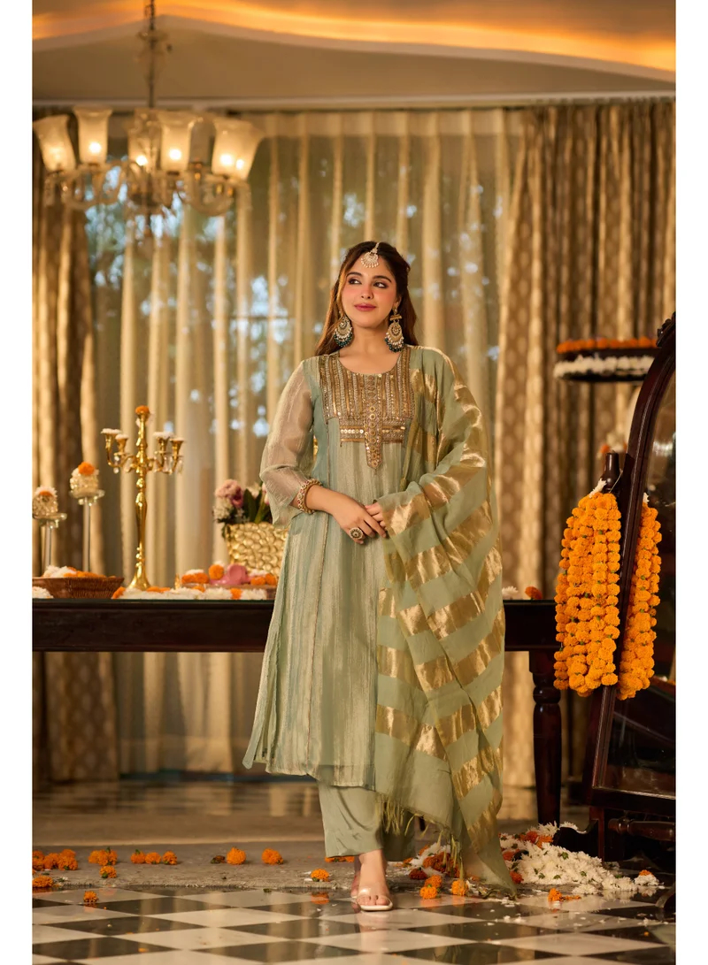 Priya’s Panache  Premium Green Crush Shimmer 3-Piece Suit Set for Women with Handwork Embellished Neckline & Chanderi Dupatta | A-Line Kurta with 3/4 Sleeves & Shantoon Pants | Indian Ethnic Wear | Salwar Suit | Festive & Wedding Wear for Women | Best Price UAE