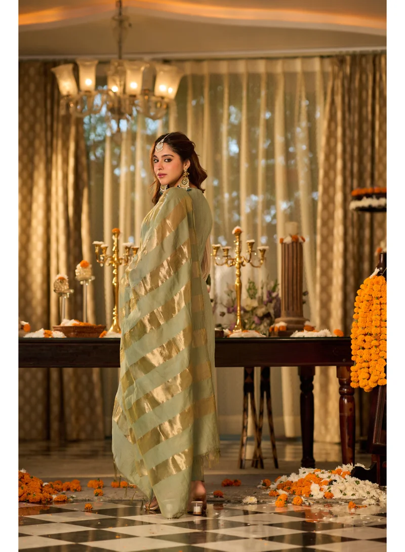 Priya’s Panache  Premium Green Crush Shimmer 3-Piece Suit Set for Women with Handwork Embellished Neckline & Chanderi Dupatta | A-Line Kurta with 3/4 Sleeves & Shantoon Pants | Indian Ethnic Wear | Salwar Suit | Festive & Wedding Wear for Women | Best Price UAE