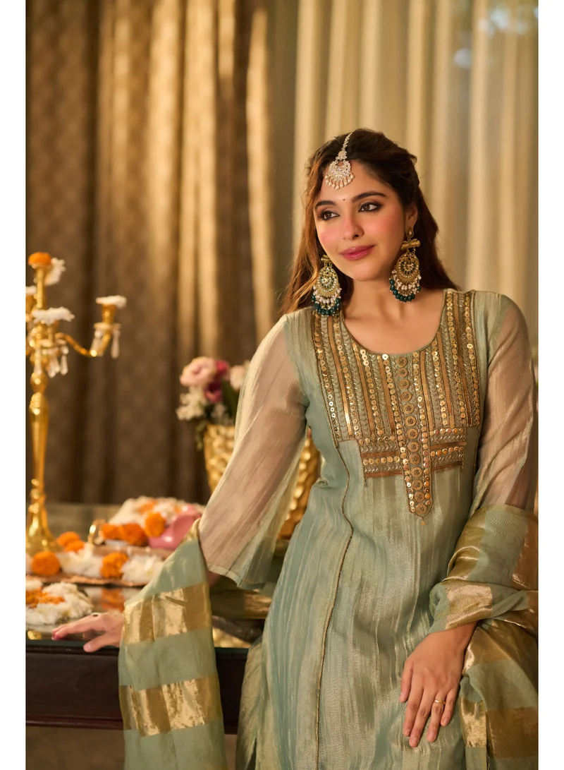 Priya’s Panache  Premium Green Crush Shimmer 3-Piece Suit Set for Women with Handwork Embellished Neckline & Chanderi Dupatta | A-Line Kurta with 3/4 Sleeves & Shantoon Pants | Indian Ethnic Wear | Salwar Suit | Festive & Wedding Wear for Women | Best Price UAE