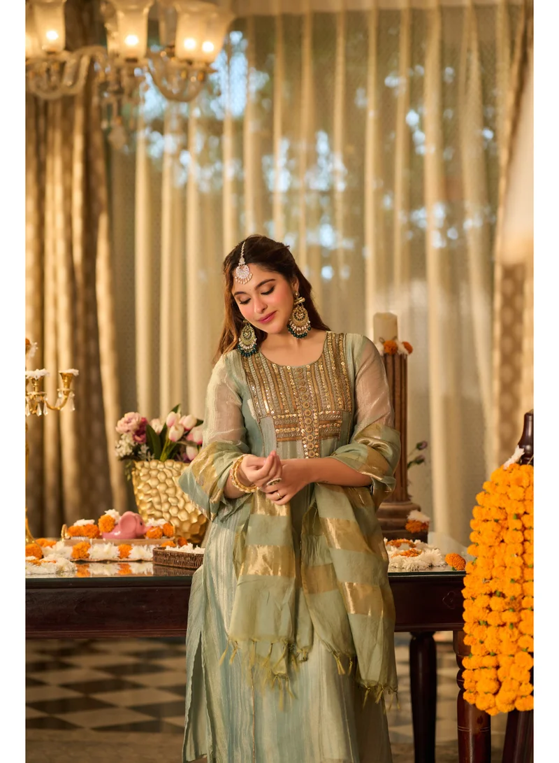 Priya’s Panache  Premium Green Crush Shimmer 3-Piece Suit Set for Women with Handwork Embellished Neckline & Chanderi Dupatta | A-Line Kurta with 3/4 Sleeves & Shantoon Pants | Indian Ethnic Wear | Salwar Suit | Festive & Wedding Wear for Women | Best Price UAE