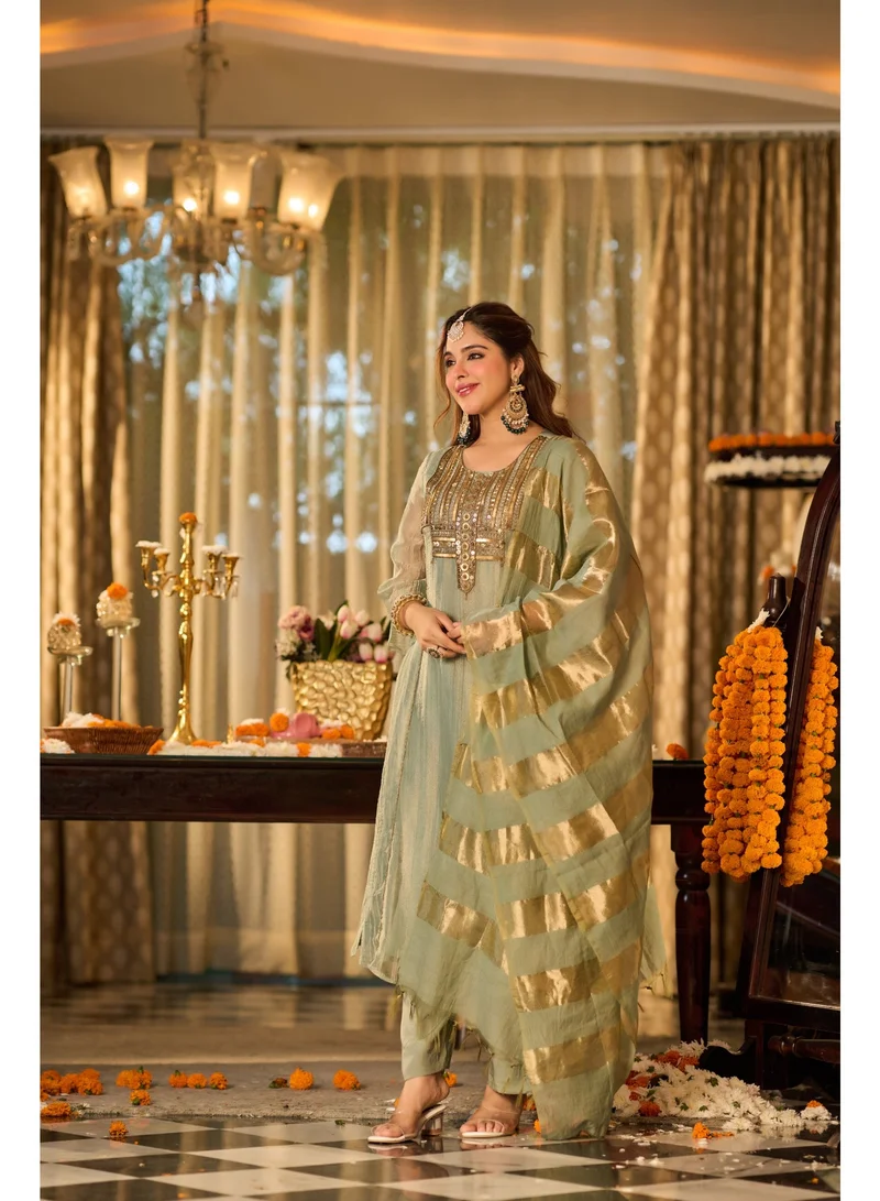 Priya’s Panache Premium Green Crush Shimmer 3-Piece Suit Set for Women with Handwork Embellished Neckline & Chanderi Dupatta | A-Line Kurta with 3/4 Sleeves & Shantoon Pants | Indian Ethnic Wear | Salwar Suit | Festive & Wedding Wear