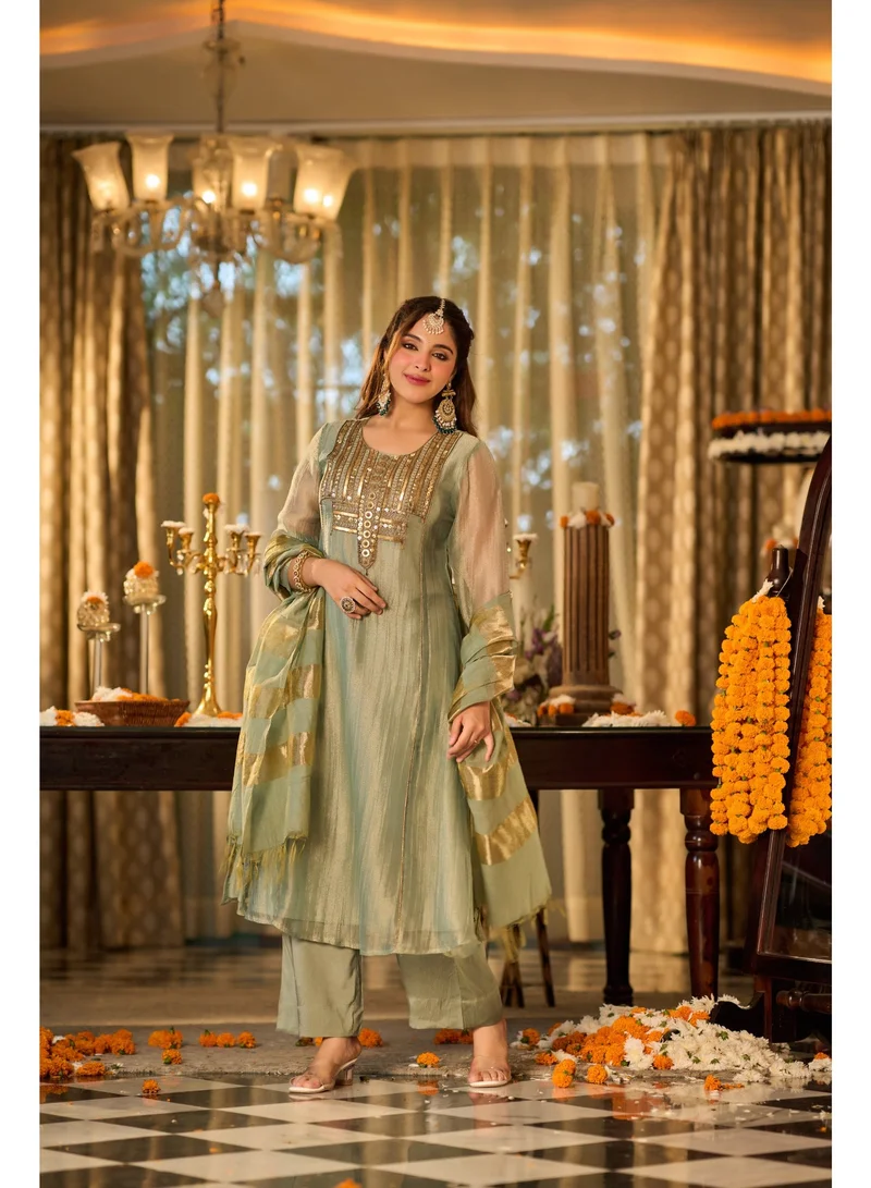 Premium Green Crush Shimmer 3-Piece Suit Set for Women with Handwork Embellished Neckline & Chanderi Dupatta | A-Line Kurta with 3/4 Sleeves & Shantoon Pants | Indian Ethnic Wear | Salwar Suit | Festive & Wedding Wear