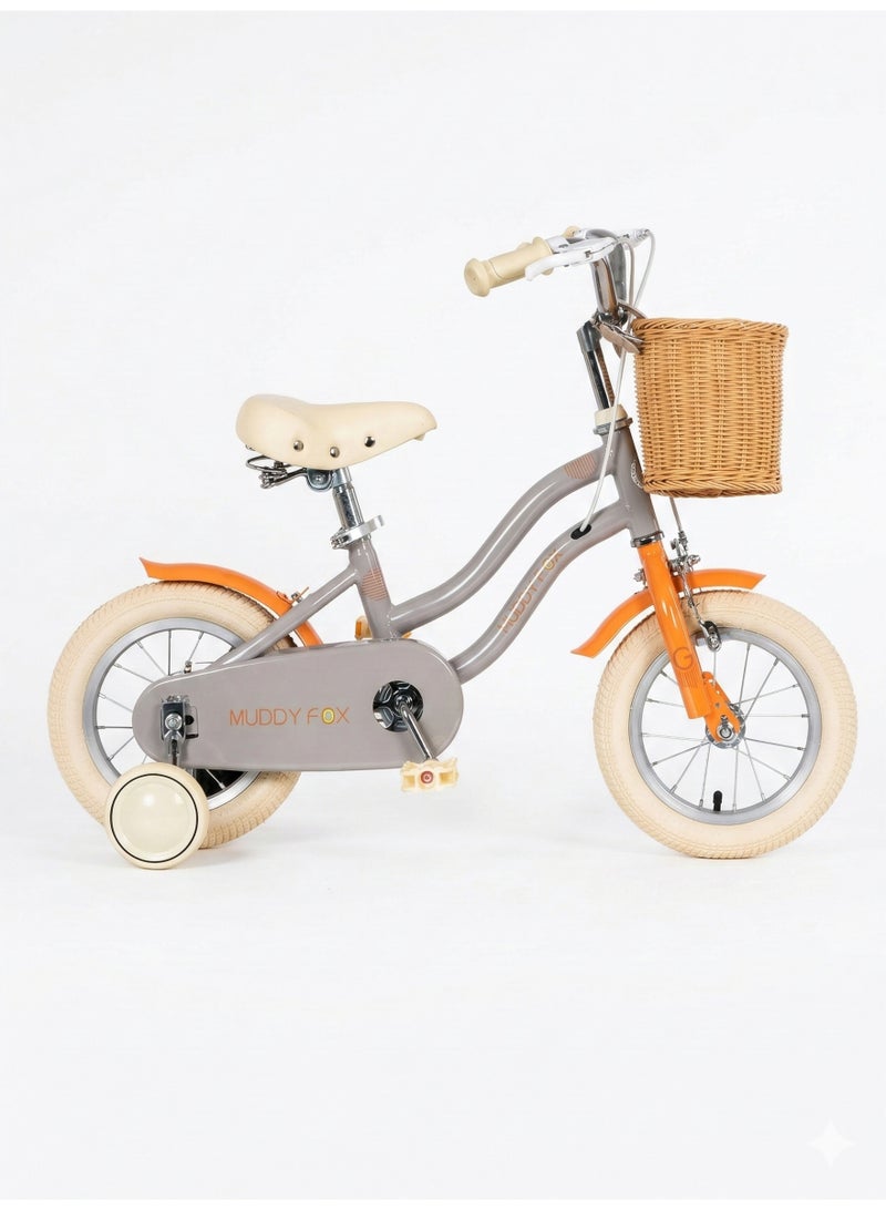 مادي فوكس You said Muddy Fox Kids' Bicycle with Training Wheels 12-Inch [MF004] – Vintage Style Girl's Bike , Wicker Basket & High-Tensile Steel Frame – Grey and Orange - Image 1