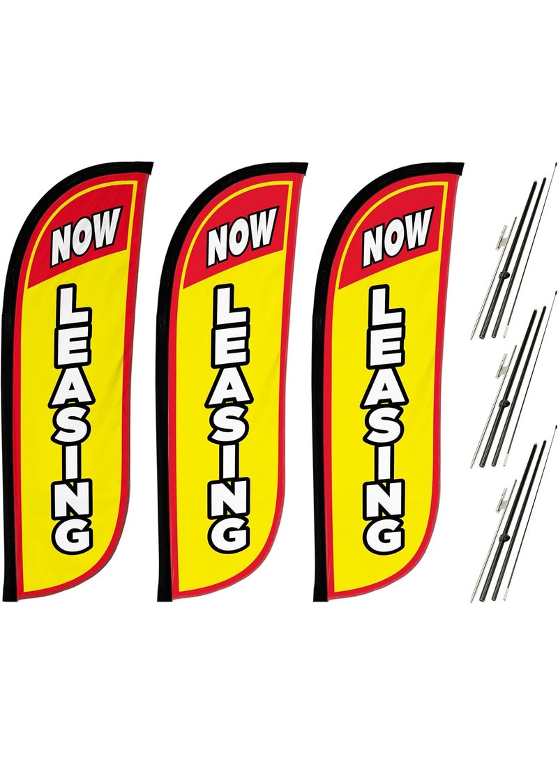 LookOurWay LookOurWay Real Estate Themed Feather Flag Pole Kit 3 Pack  5 Feet Tall Now Leasing Advertising Flags with 3 Banners 3 Pole Sets and 3 Ground Spikes Now Leasing Yellow 10M500007  - Image 1
