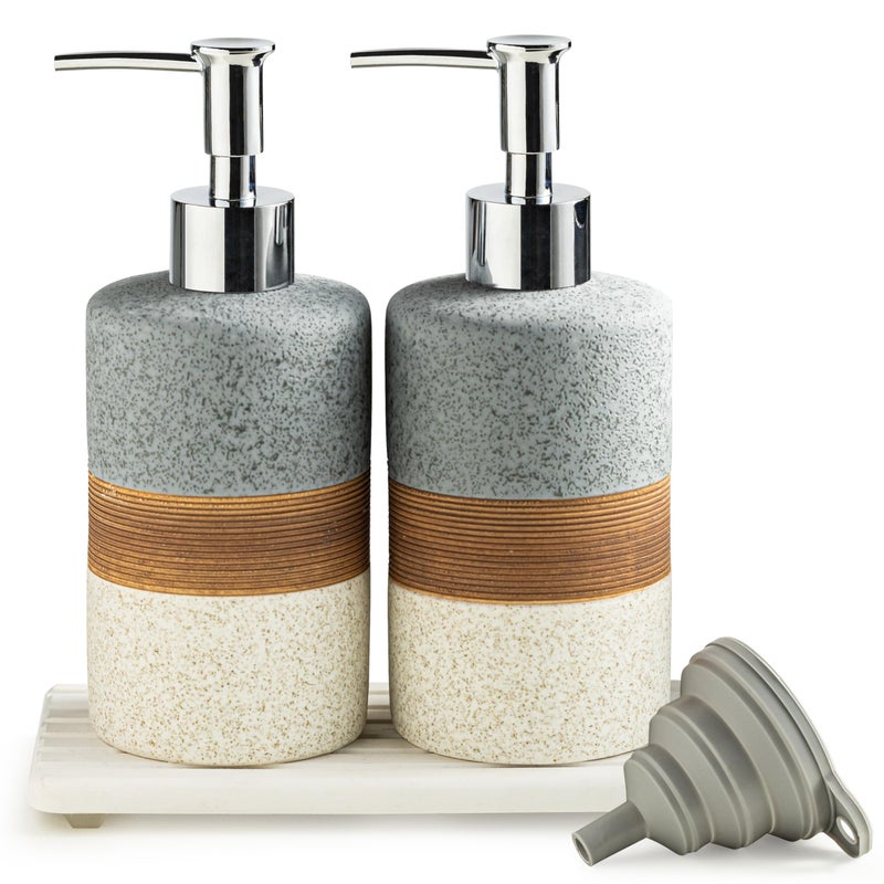 Cormomu Ceramic Soap Dispenser Set(2 Pack) â€“ Hand Soap, Dish Soap, Shampoo & Shower Soap Dispenser for Bathroom & Kitchen, Stainless Steel Pump, Includes Silicone Funnel & Diatomaceous Tray, Gray - Image 1